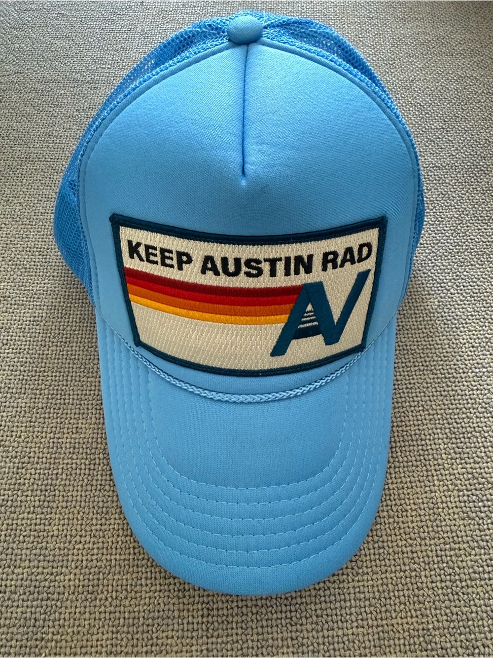 Aviator Nation Light Blue Graphic Logo Signature Vintage Keep Austin Trucker Hat